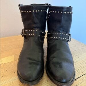 Frye Black Studded Leather Harness Ankle Boots